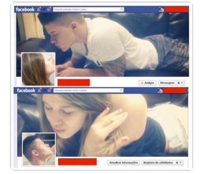 Couple creating cringe-worthy but wholesome Facebook profile pictures showing them appearing to kiss through their profile photos.