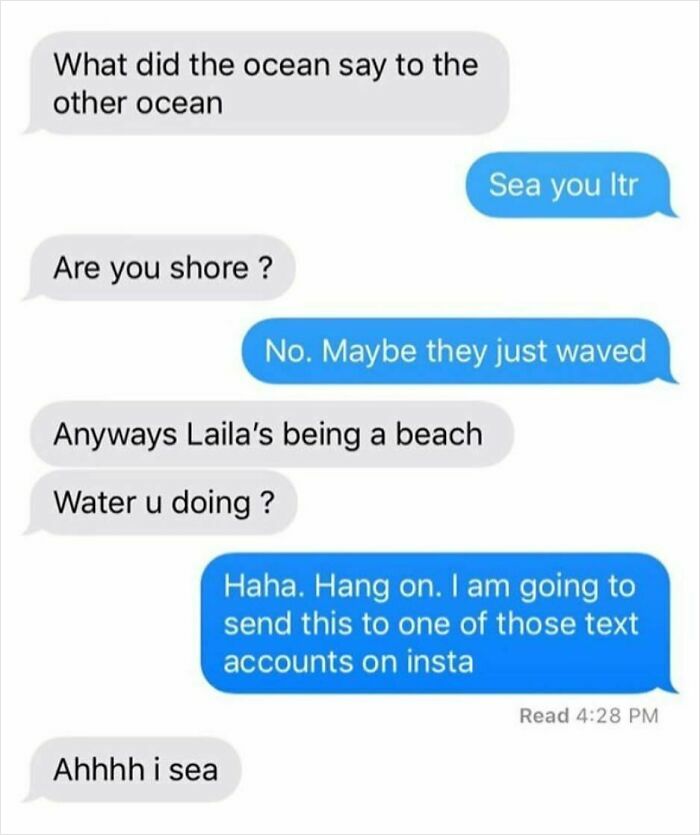 Text conversation with ocean puns and jokes designed to make you laugh in a funny texts exchange.