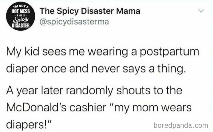 Parenting meme showing a humorous story about a kid noticing postpartum diaper and shouting in public.