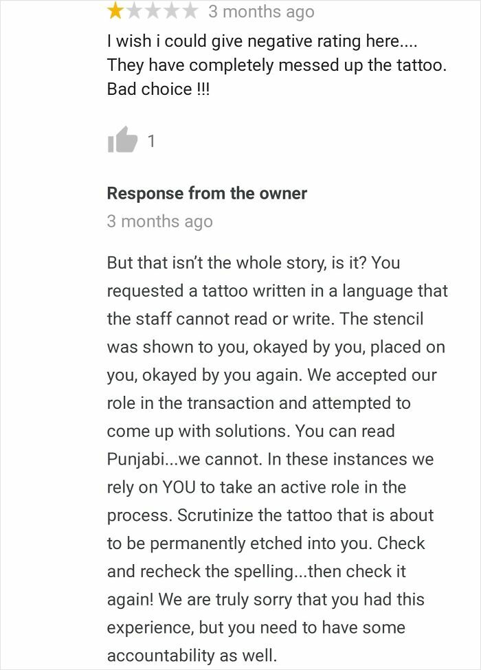 Customer review and brutal business comeback where the owner explains tattoo language issues and accountability.