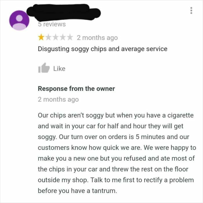 Customer leaves a 1-star review about soggy chips, business owner responds with a brutal comeback defending their service.