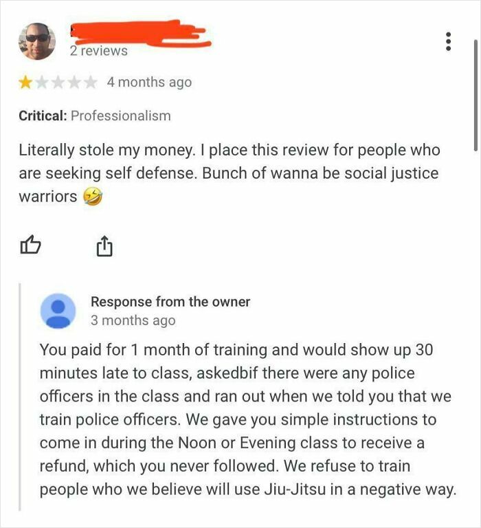 One-star review accusing a business of theft with owner’s brutal response about training policies and refund refusal.