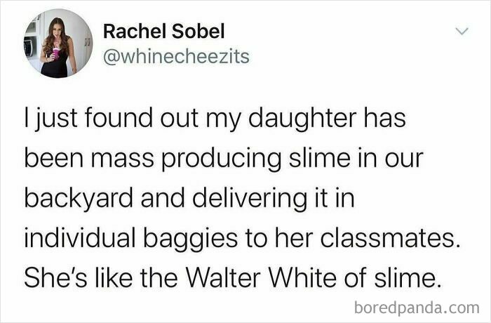 Parenting meme about a daughter mass producing slime and delivering it to classmates, showing hilarious back-to-school humor.