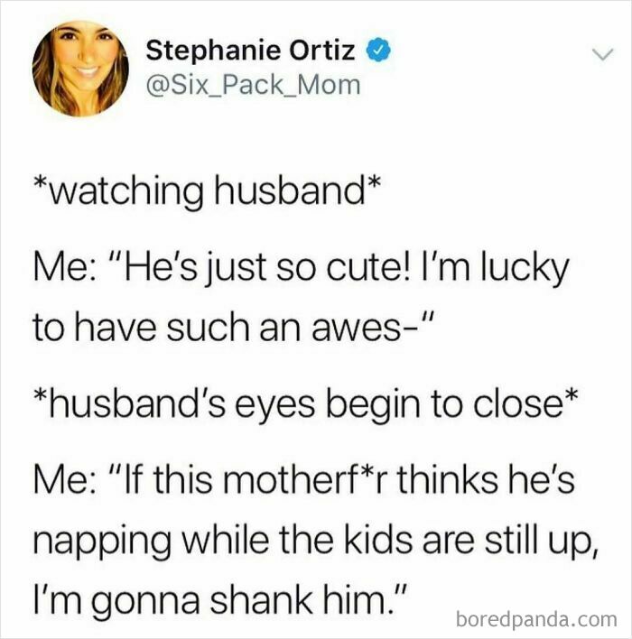 Parenting meme showing a humorous tweet about a husband's attempt to nap while kids are still awake.