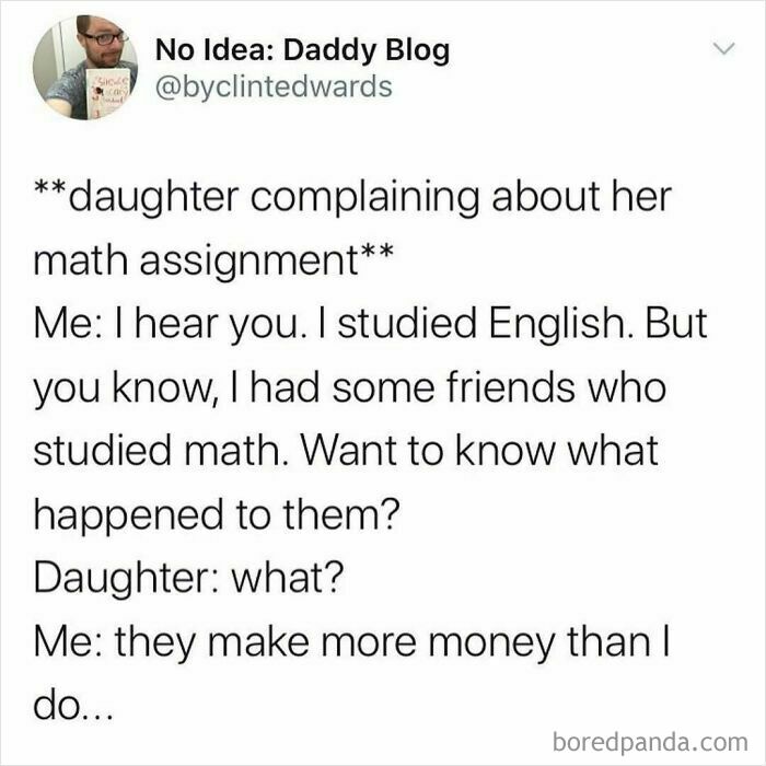 Parenting meme showing a humorous text conversation about a daughter’s math assignment and parents’ career choices.