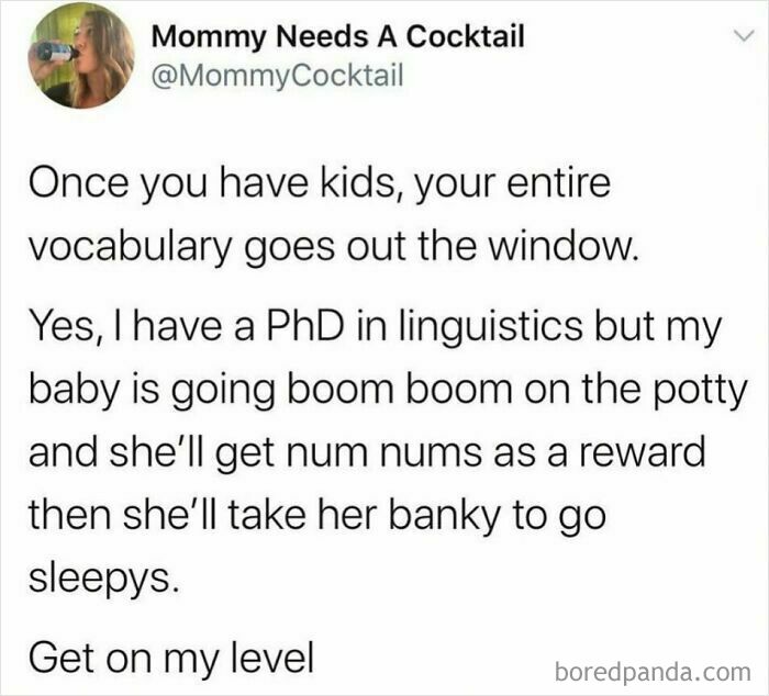 Parenting meme about losing vocabulary after having kids, sharing funny toddler language and rewards during potty training.