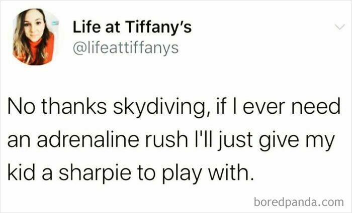 Parenting meme about the adrenaline rush of giving a child a sharpie, humorous back-to-school parenting content.