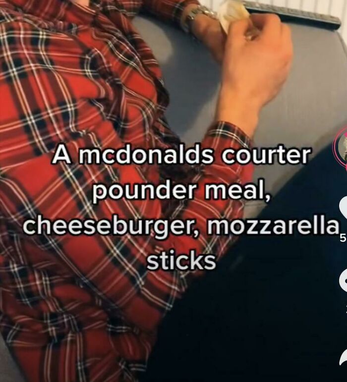 Person in red plaid shirt sitting and holding food with TikTok screenshot text about McDonalds meal and mozzarella sticks.