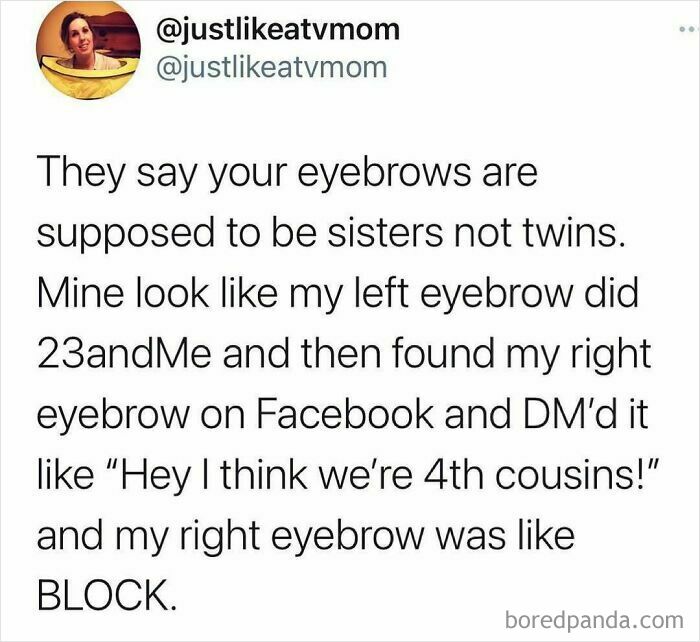 Parenting meme about mismatched eyebrows compared to sisters, highlighting hilarious humor for parents this back-to-school season.