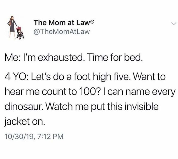 Parenting meme showing a tired parent and an energetic 4-year-old with playful bedtime distractions.