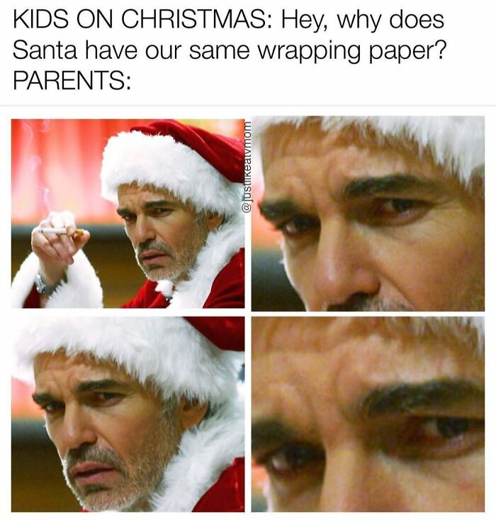 Tired parent in Santa hat reacting to kids questioning shared wrapping paper in a relatable parenting meme.