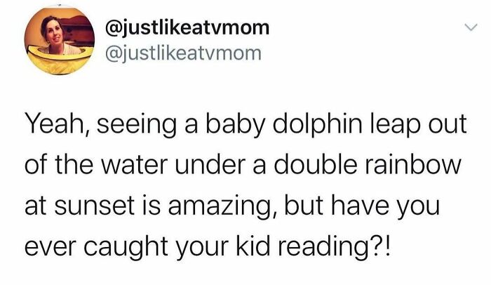 Parenting meme text about the challenge of catching kids reading, highlighting relatable back-to-school humor.