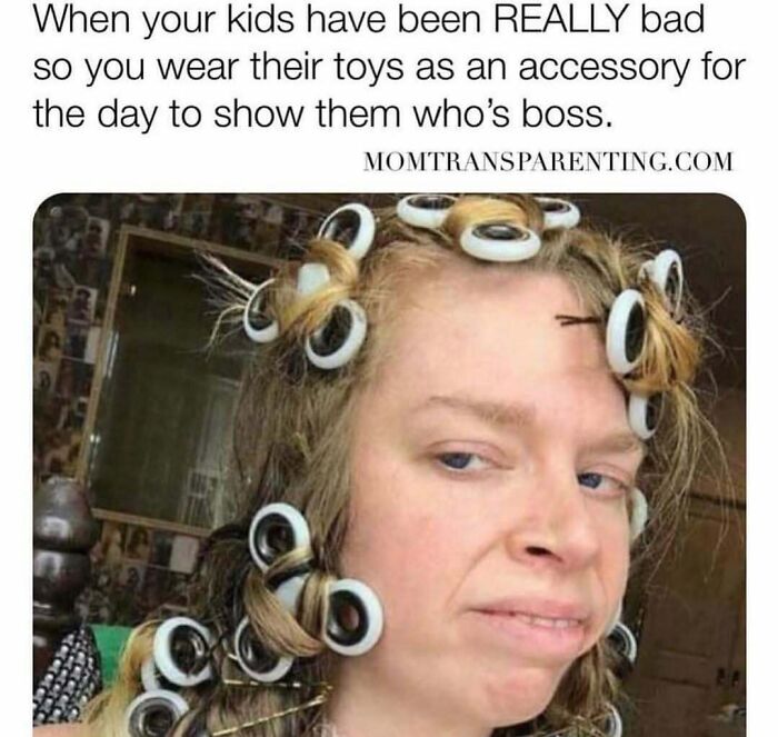 Parent wearing kids' toys as hair accessories, expressing parenting humor in a hilarious back-to-school meme.