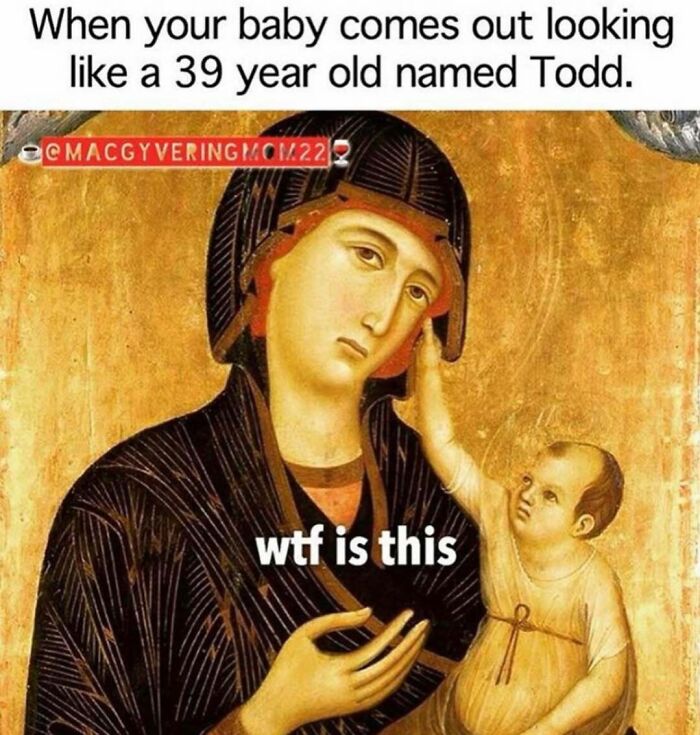 Funny parenting meme showing a classical painting with baby appearing older, expressing confused parent humor back-to-school season.