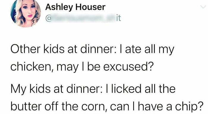 Parenting meme showing a humorous tweet about kids' funny eating habits during dinner in back-to-school season.