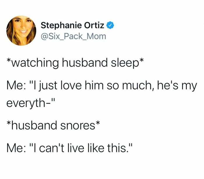 Parenting meme showing a humorous tweet about loving husband but struggling with his snoring at night.