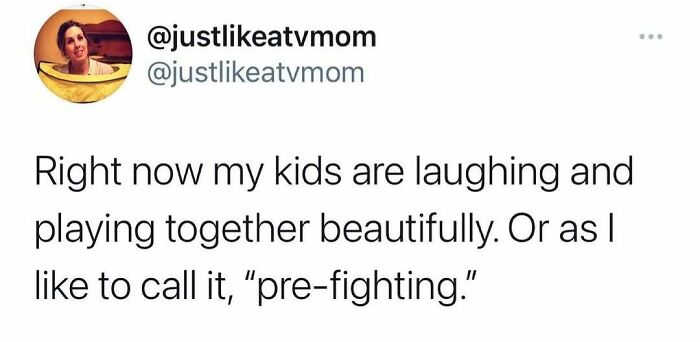 Tweet from a parent humorously describing kids laughing and playing as typical parenting moments back-to-school season.