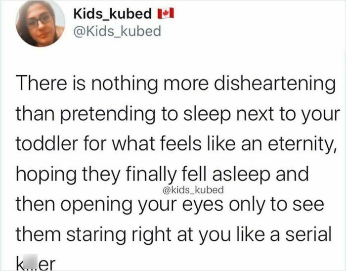 Parenting meme showing a relatable tweet about pretending to sleep next to a toddler and back-to-school humor.