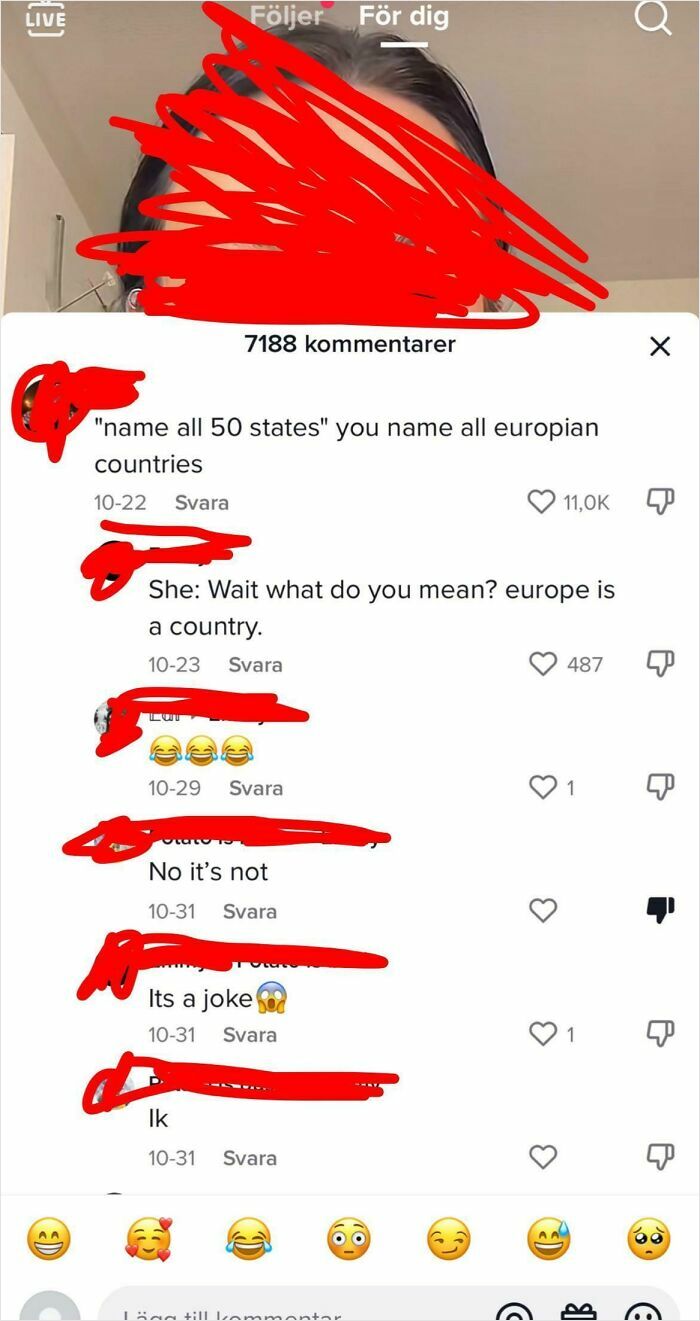 TikTok screenshot showing a humorous comment thread about naming all 50 states, highlighting smart and funny interactions.