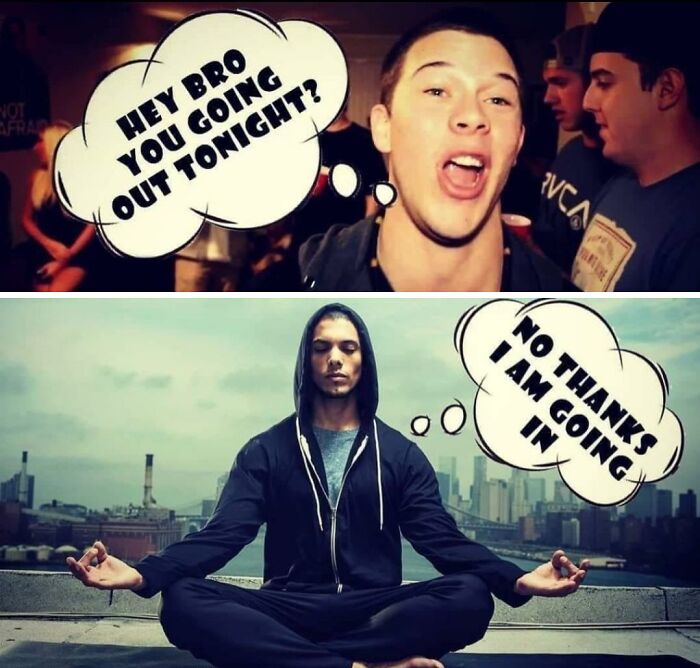 Two young men in contrasting social settings with thought bubbles, showcasing cringe-worthy but wholesome posts humor.