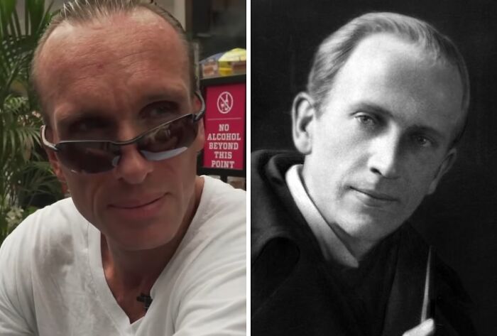 Split image showing a modern-day celebrity and a black-and-white photo of his historical counterpart, showcasing celebrity casting.