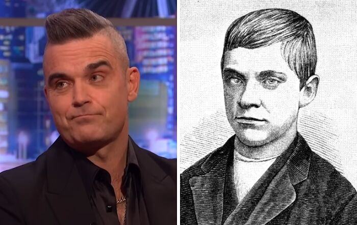 Robbie Williams on a talk show next to an illustration of his historical counterpart, showcasing celebrity historical lookalikes.
