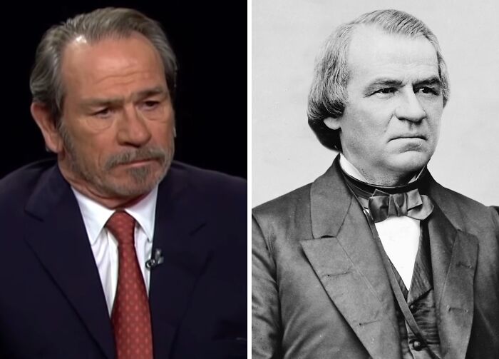 Side by side images of a male celebrity and his historical counterpart, illustrating celebrities playing historical counterparts.