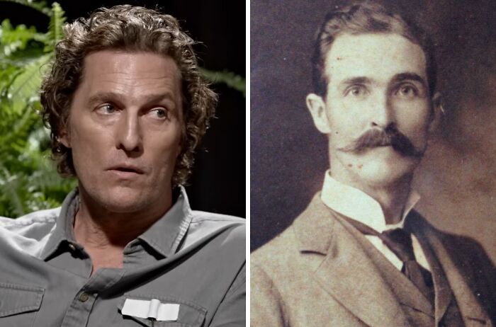 Actor Matthew McConaughey on the left and his historical counterpart on the right, illustrating celebrities playing historical counterparts.