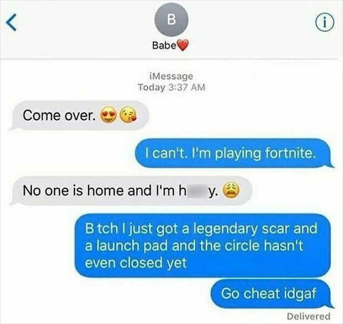 Text message exchange humor about playing Fortnite instead of responding to a partner, from funny texts that might make you laugh.