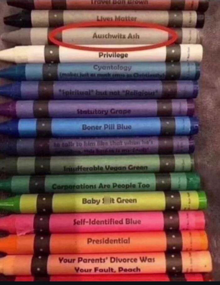 Crayons labeled with bizarre and controversial phrases, blending funny and cursed elements in a strange collection.