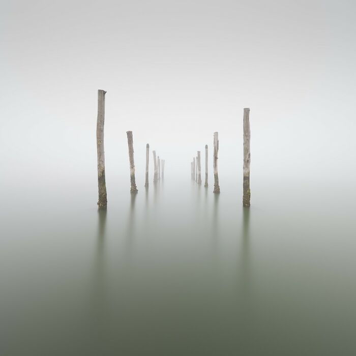 Wooden poles fading into fog over calm water, showcasing earth’s hidden patterns in aerial color photography.