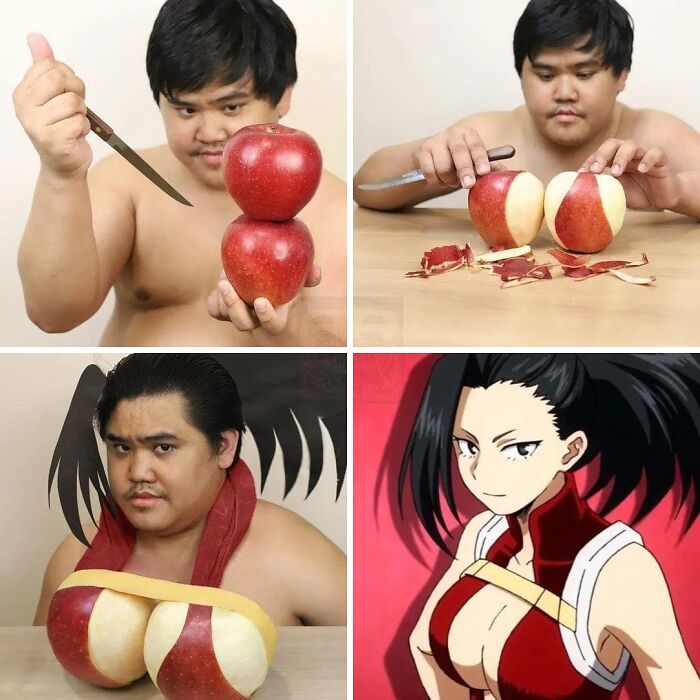Man using a knife to peel apples arranged to resemble an anime character's chest in a funny and bizarre image.