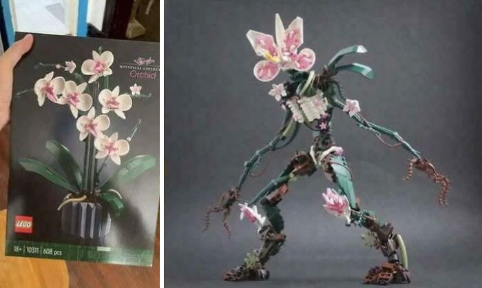 LEGO orchid set transformed into a bizarre plant-like robotic figure combining the holy and the cursed theme.
