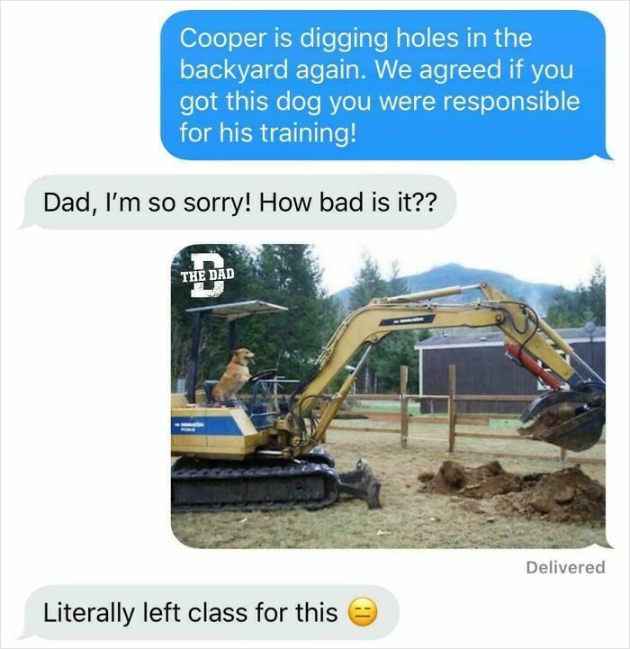 Text message exchange showing funny parent humor with a dog operating digger, illustrating funniest parents ever moments.