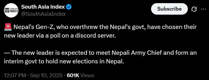 Screenshot of a tweet about Nepal's Gen-Z overthrowing the government, shared in unhinged sentences that left viewers speechless.