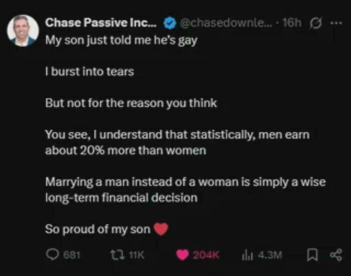 Tweet about a son coming out, combining unhinged sentences and surprising financial reasoning that left everyone speechless.