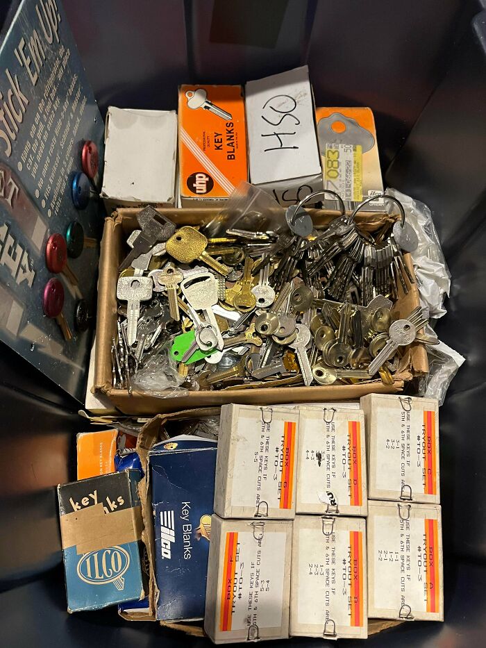 Box filled with various key blanks and sets, showcasing unique dumpster diving treasures found in neighborhoods.