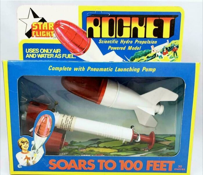 Vintage Star Flight Rocket toy with pneumatic launching pump, using air and water fuel, a nostalgic feel old post item.