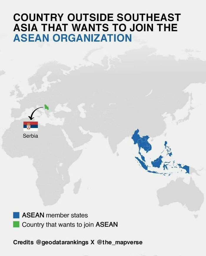 Map showing ASEAN member states in Southeast Asia and Serbia as a country outside Southeast Asia wanting to join ASEAN.