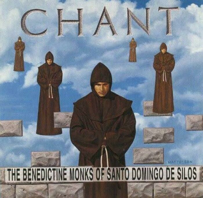 Illustration of Benedictine monks in brown robes floating on stone blocks with chant text, a popular 90s meme style.
