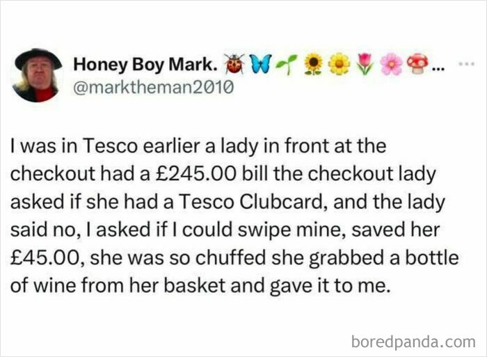 Tweet about a kind gesture at Tesco checkout, part of viral memes from a page known for random chaos and humor.