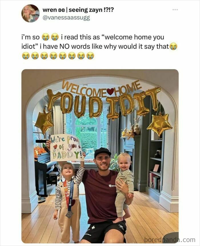 Family celebrating with a humorous welcome home banner, capturing a viral meme moment from a goldmine of chaos page.
