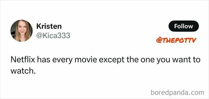 Tweet from Kristen humorously stating Netflix has every movie except the one you want, highlighting viral memes chaos theme.