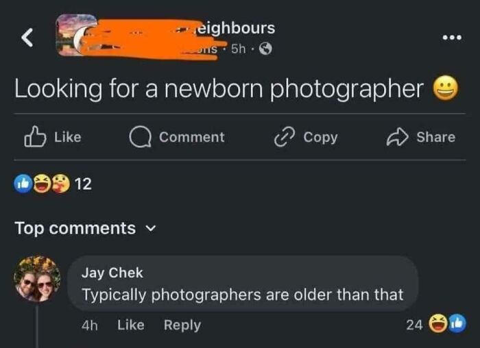 Social media post humor where comments are better than the post about a newborn photographer request.