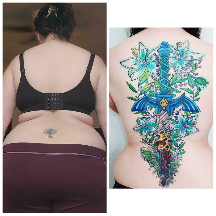 Before and after images of a tattoo upgrade featuring a large, colorful back piece covering a smaller original tattoo.