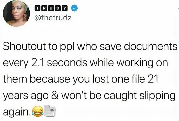 Screenshot of a funny social media post satirizing millennial corporate life about constantly saving work documents.