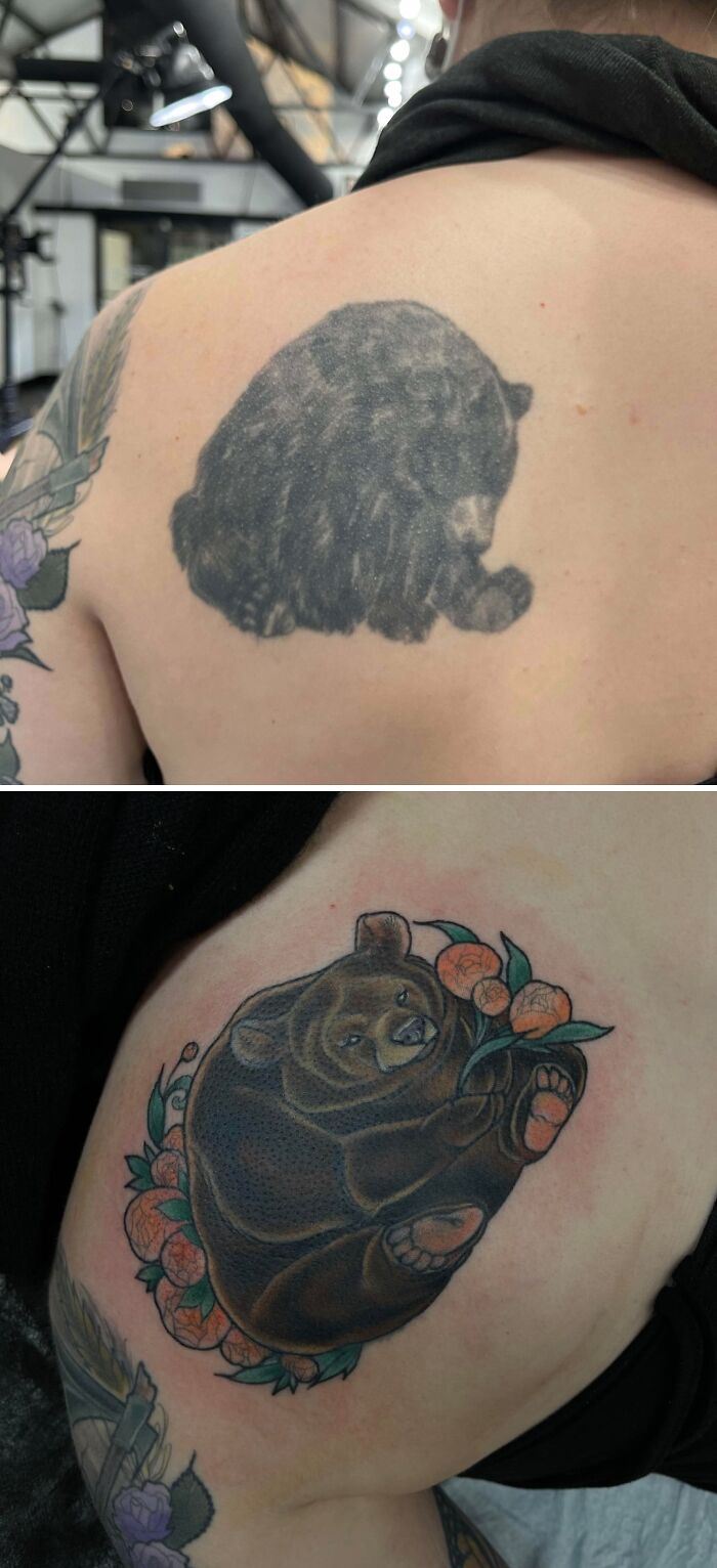 Before and after tattoo upgrade of a bear with floral elements showing major tattoo regrets transformation.