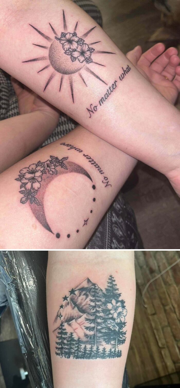 Two matching sun and moon tattoos with floral designs and a mountain tattoo with trees and stars as tattoo regrets upgraded.