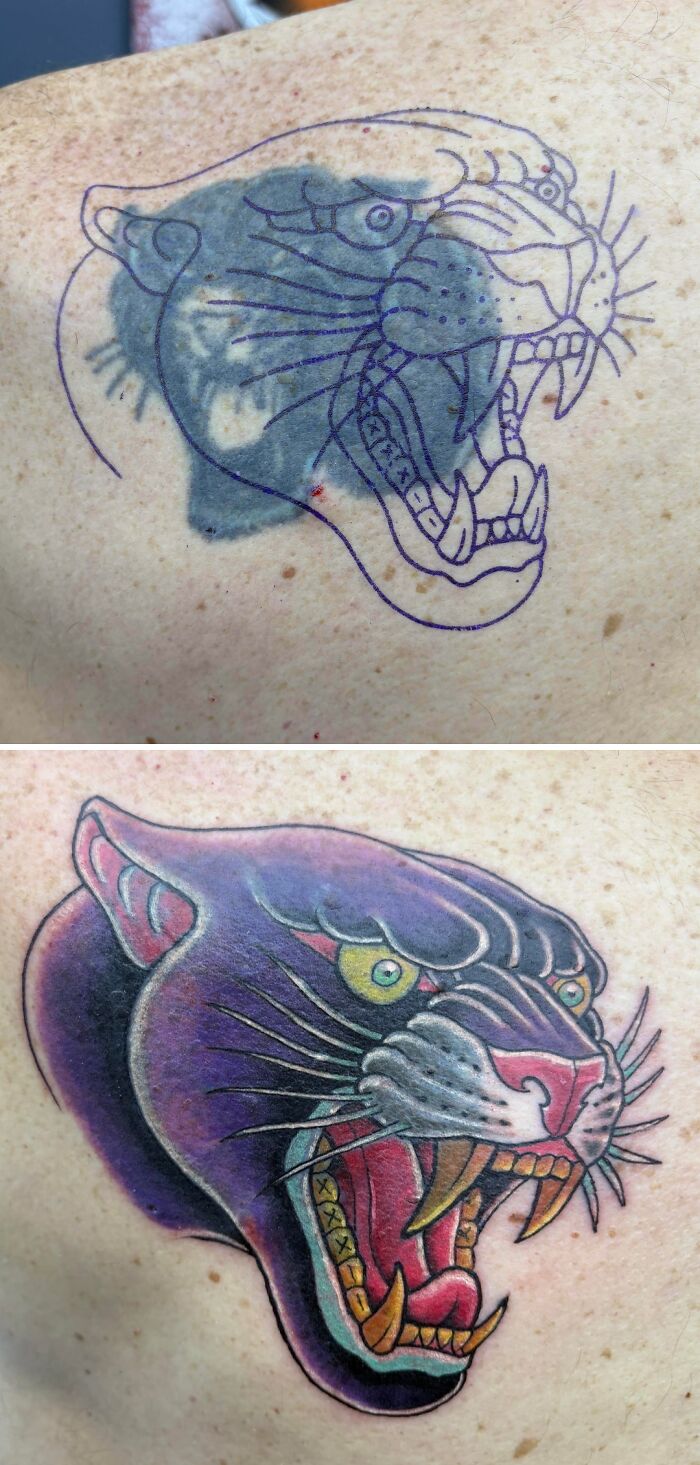 Before and after photos of a tattoo regret transformed into a vibrant panther cover-up tattoo.