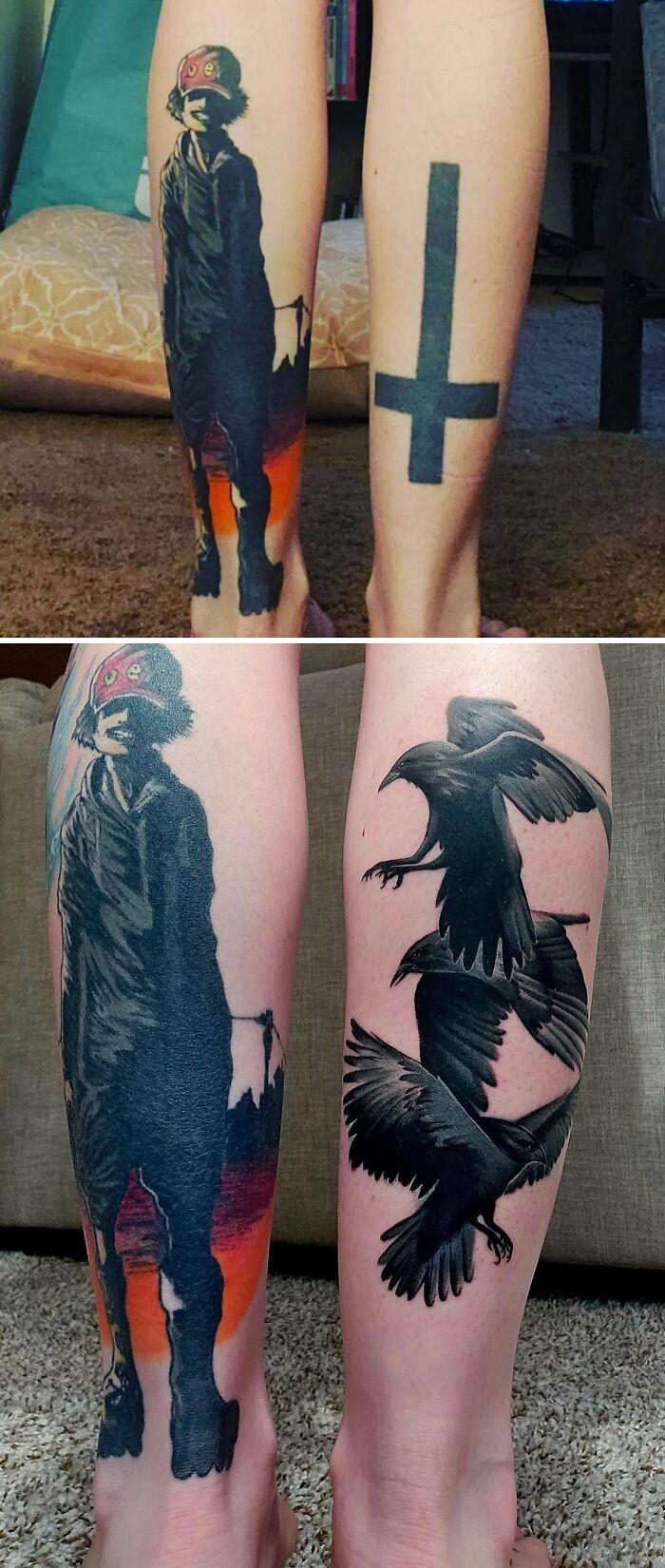 Tattoo regrets transformed with detailed upgrades featuring a dark figure and flying crows on calf tattoos.